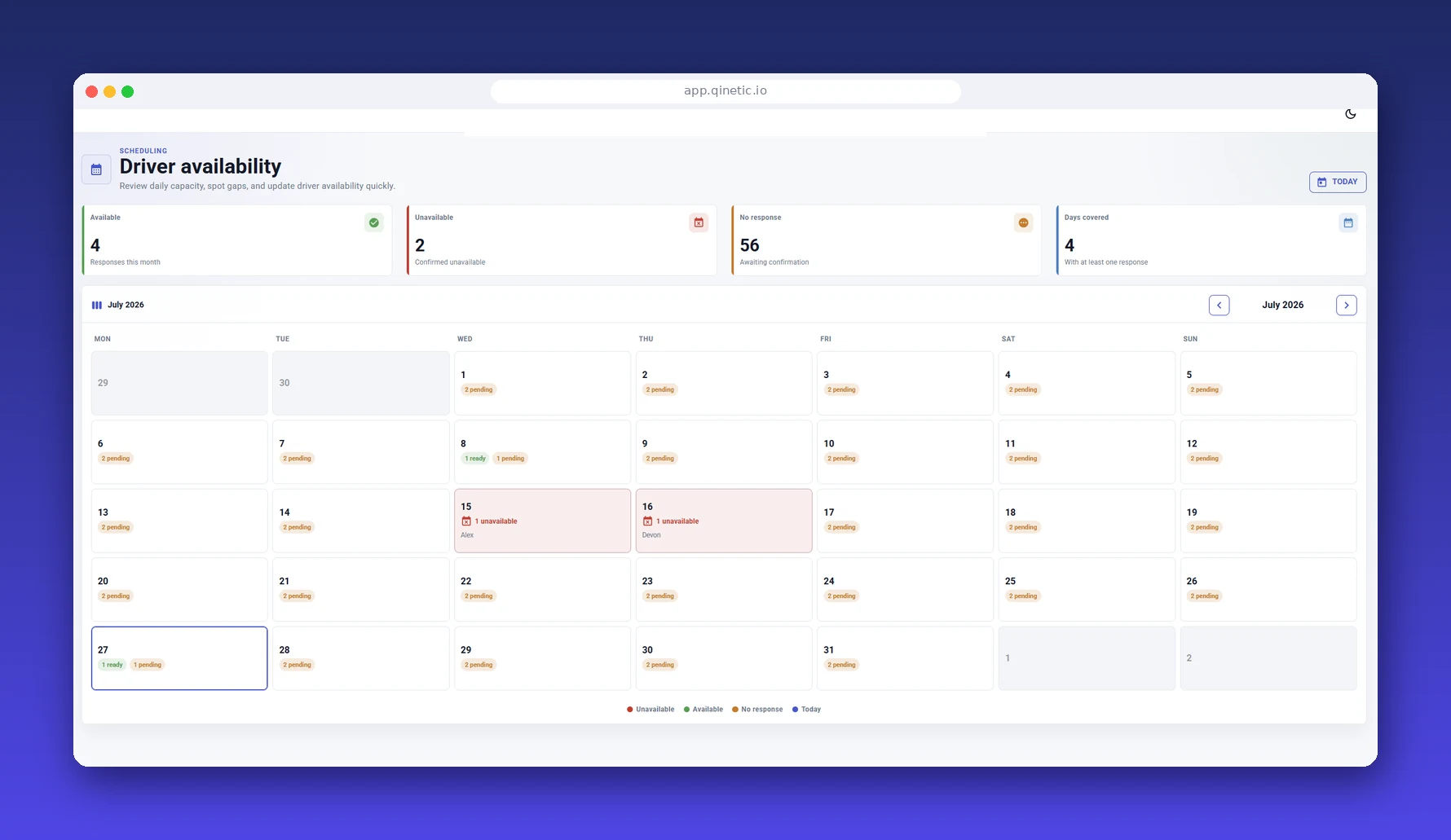 Qinetic driver availability calendar showing confirmed, unavailable and no-response drivers