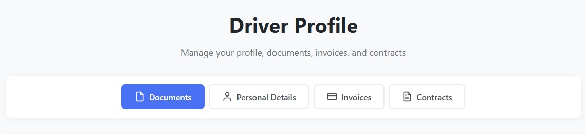 Qinetic driver web portal profile showing Documents, Personal Details, Invoices and Contracts