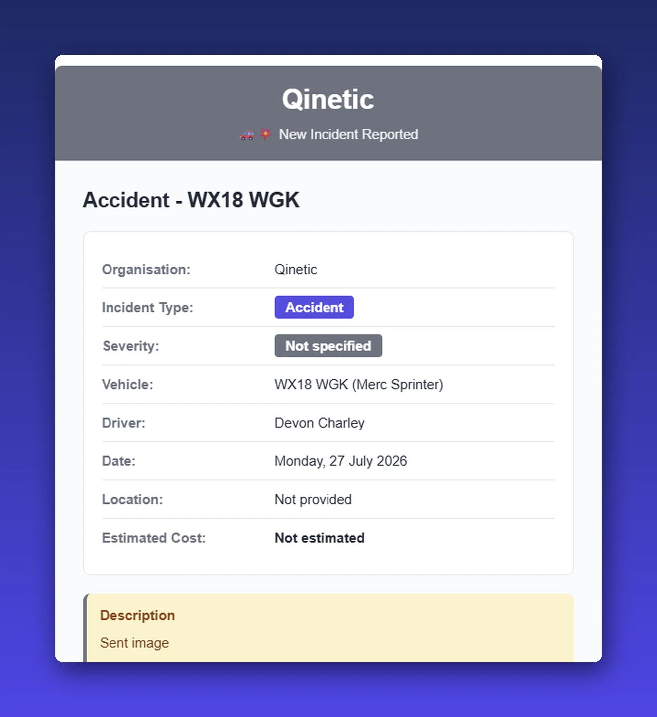 Qinetic email alert notifying the office of a new incident reported against a fleet vehicle