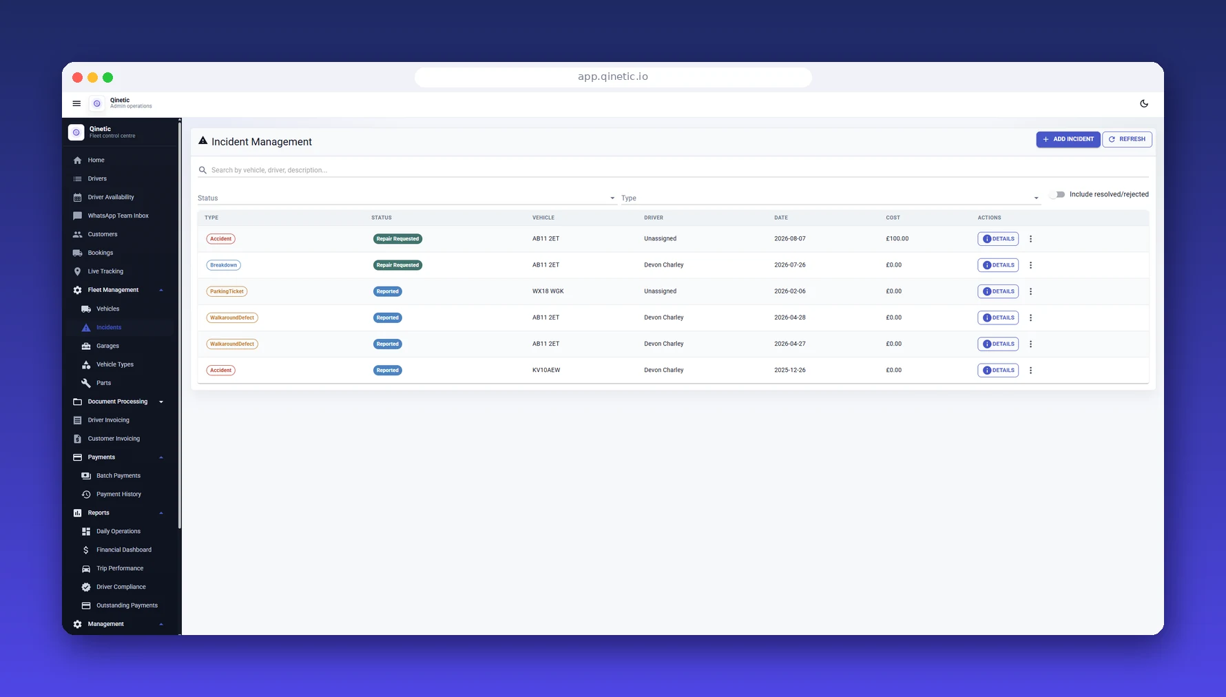 Qinetic incident management screen showing driver, vehicle, evidence and resolution details