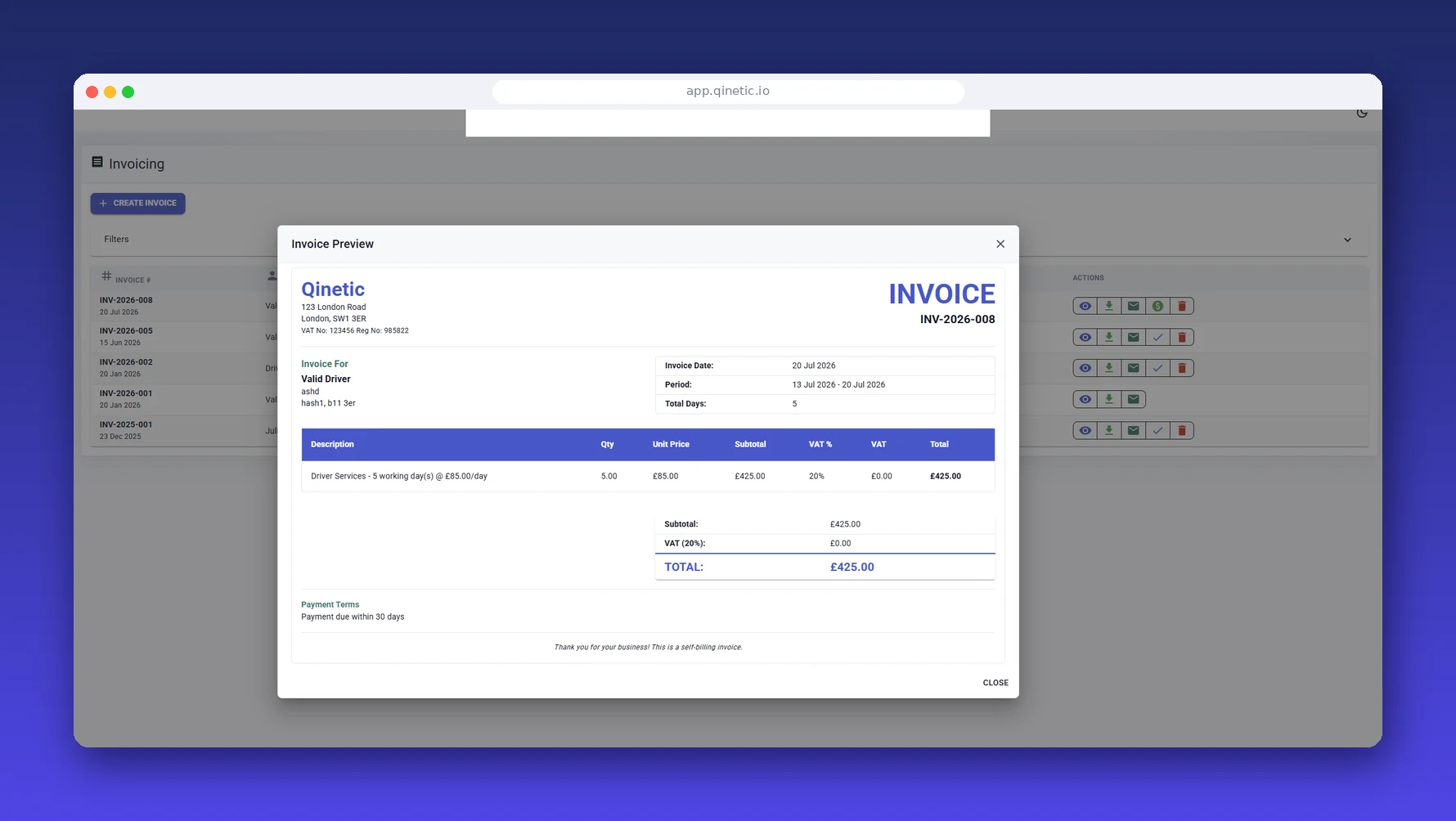 Qinetic self-billing invoice showing driver work lines, adjustments and totals